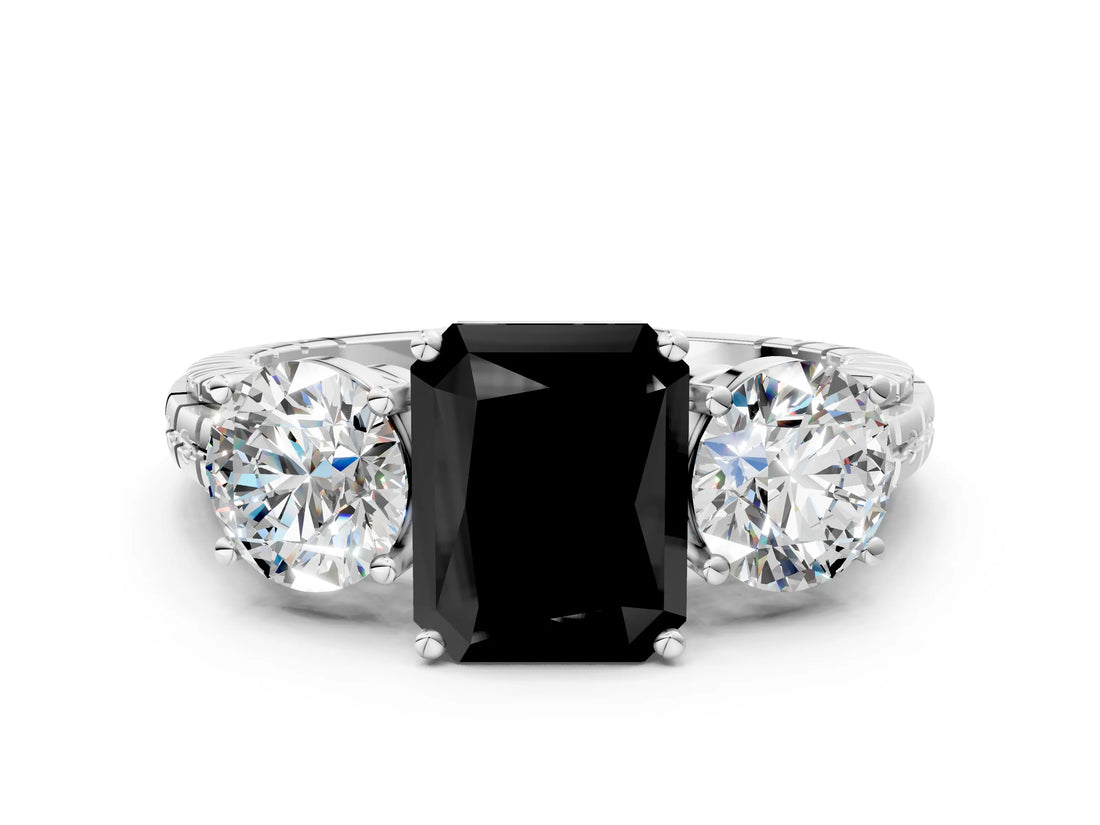 White gold Three-Stone Fancy Black Radiant Cut Cut Diamond Ring with Channel-Set Band and Prong Setting