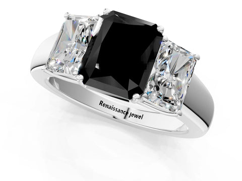 White gold Three-Stone Fancy Black Radiant Cut Cut Diamond Ring with Prong Setting and Classic Band_1