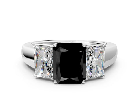 White gold Three-Stone Fancy Black Radiant Cut Cut Diamond Ring with Prong Setting and Classic Band