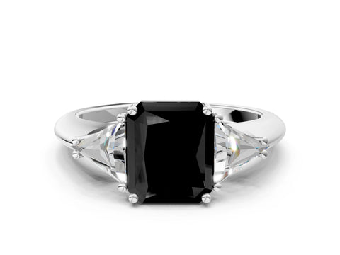 White gold Three-Stone Fancy Black Radiant Cut Cut Diamond Ring with Trillion Side Stones and Four-Prong Setting_11