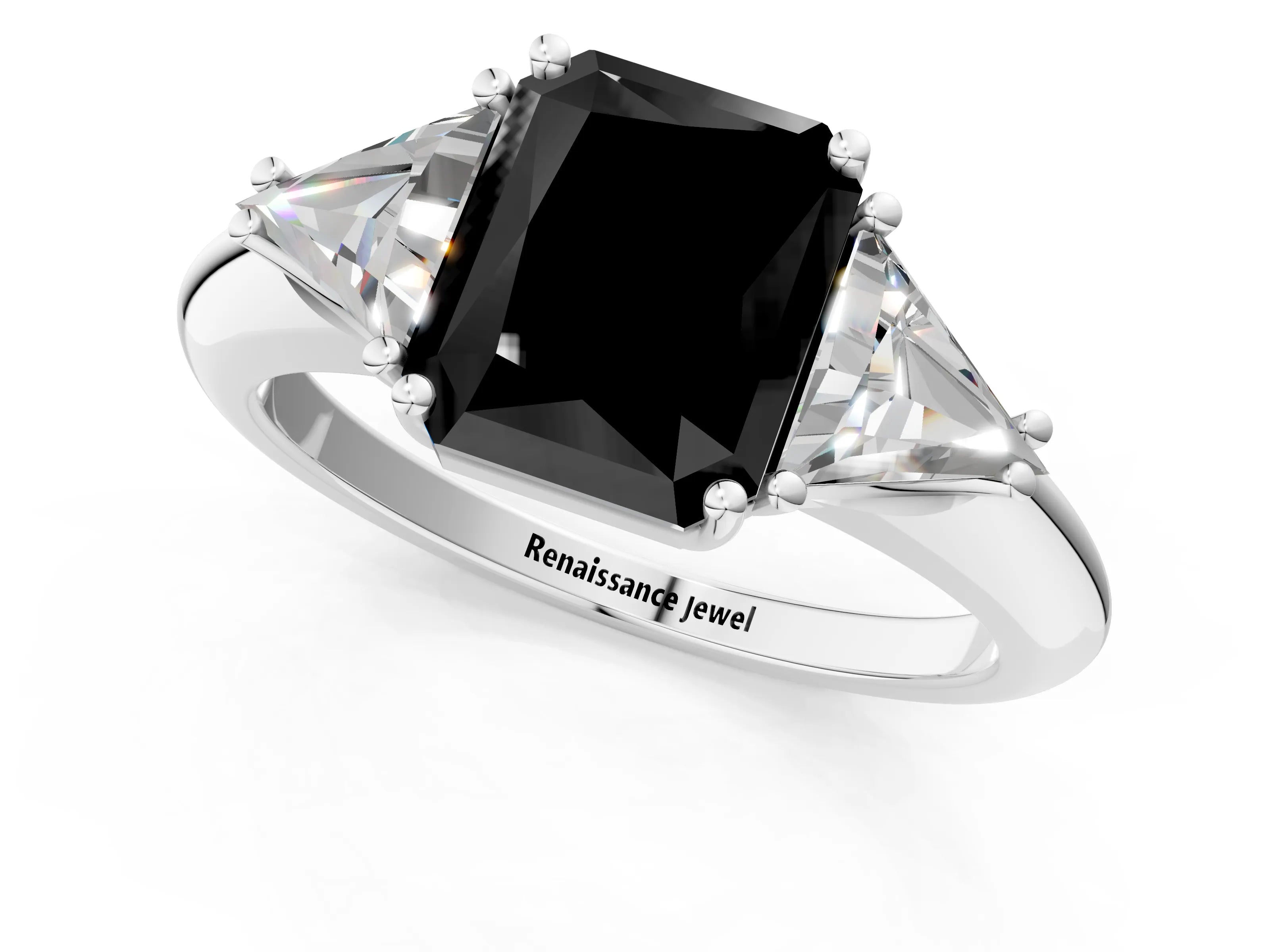 White gold Three-Stone Fancy Black Radiant Cut Cut Diamond Ring with Trillion Side Stones and Four-Prong Setting_12