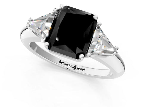 White gold Three-Stone Fancy Black Radiant Cut Cut Diamond Ring with Trillion Side Stones and Four-Prong Setting_12