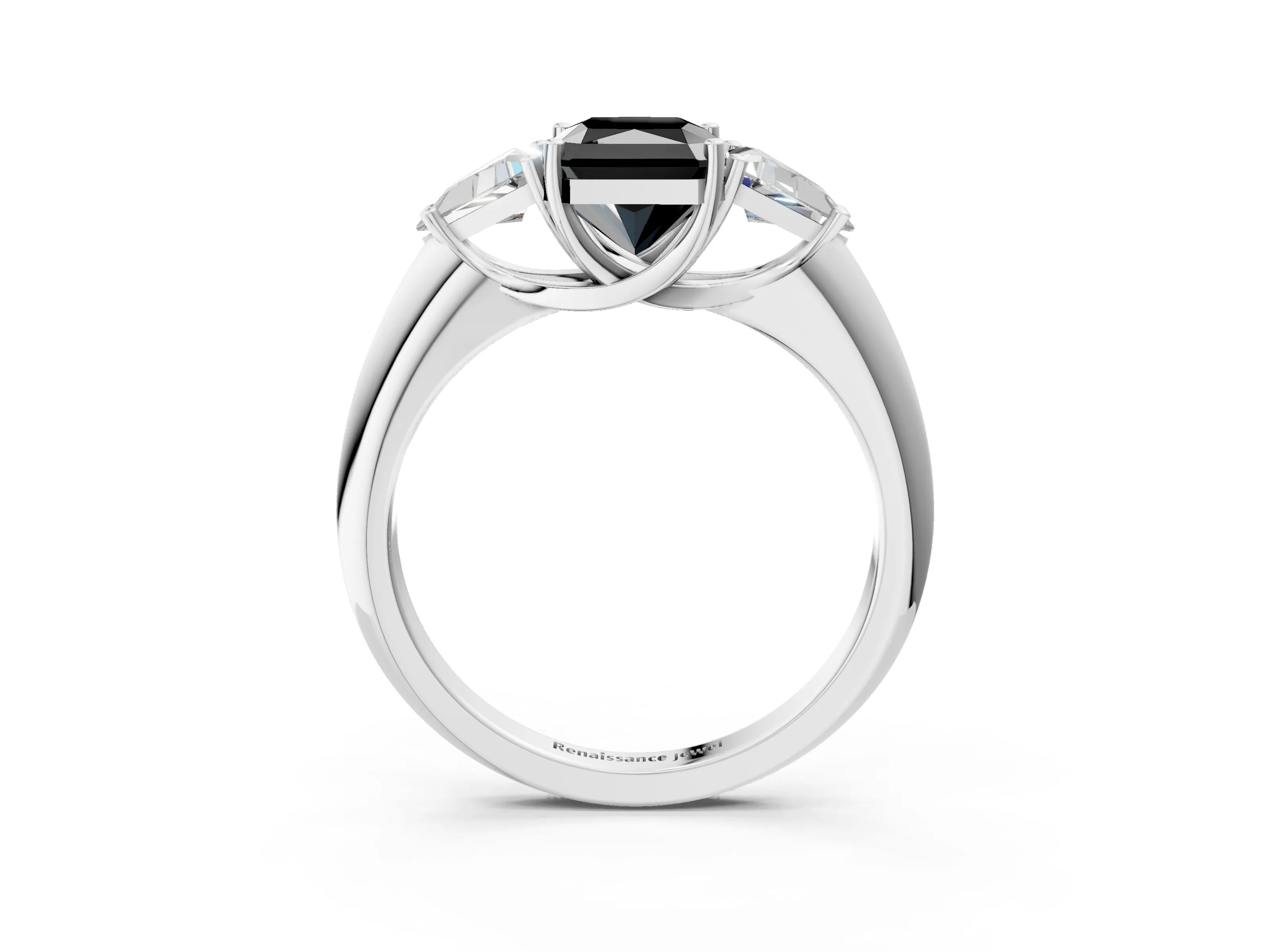 White gold Three-Stone Fancy Black Radiant Cut Cut Diamond Ring with Trillion Side Stones and Four-Prong Setting_14
