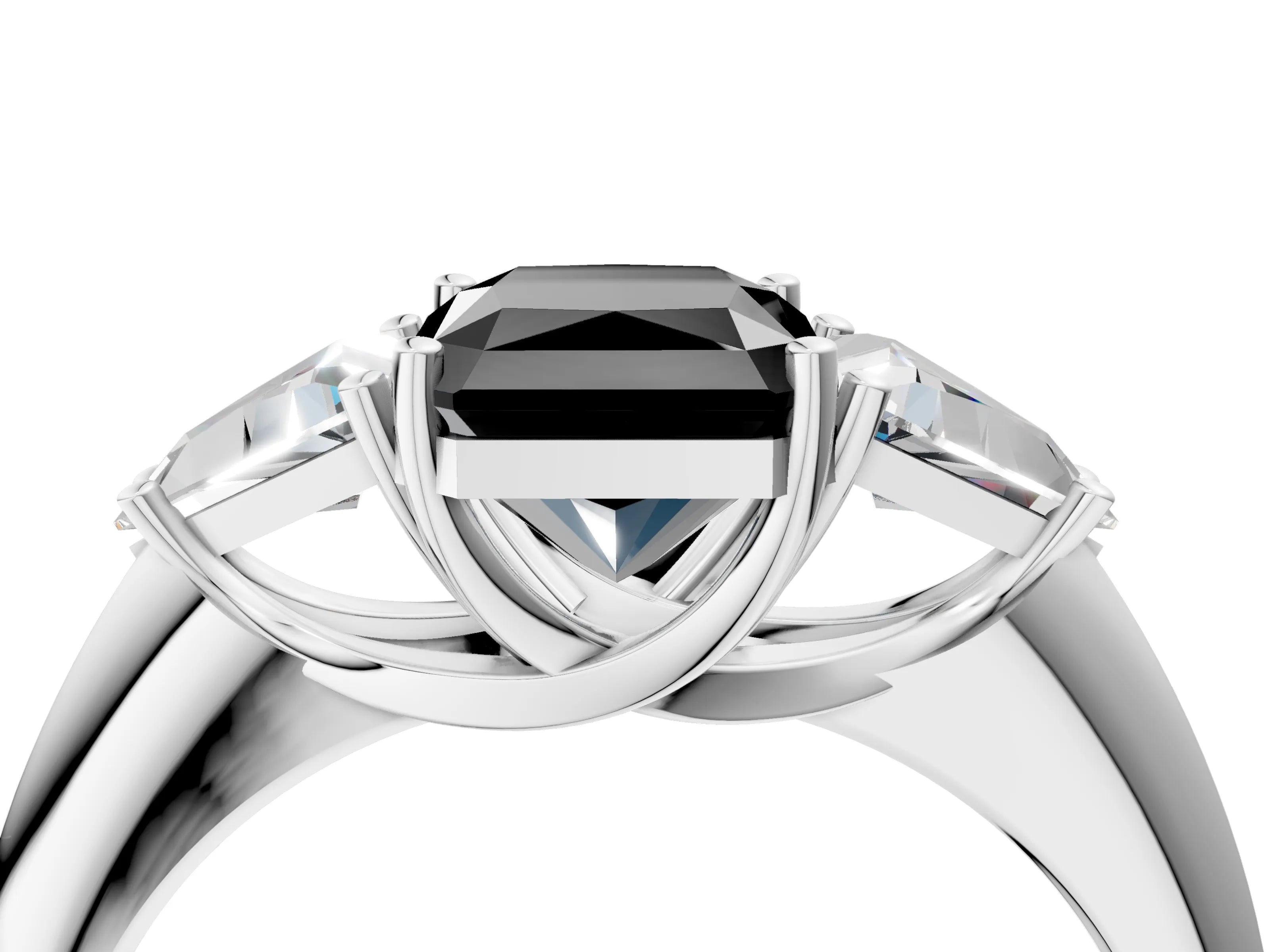 White gold Three-Stone Fancy Black Radiant Cut Cut Diamond Ring with Trillion Side Stones and Four-Prong Setting_15