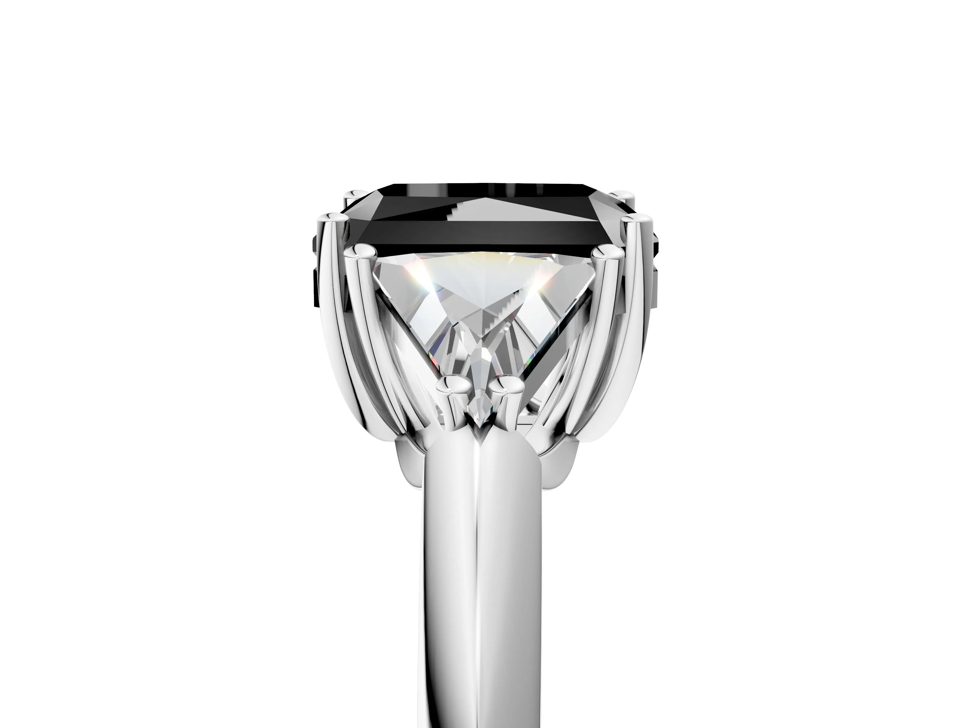 White gold Three-Stone Fancy Black Radiant Cut Cut Diamond Ring with Trillion Side Stones and Four-Prong Setting_16