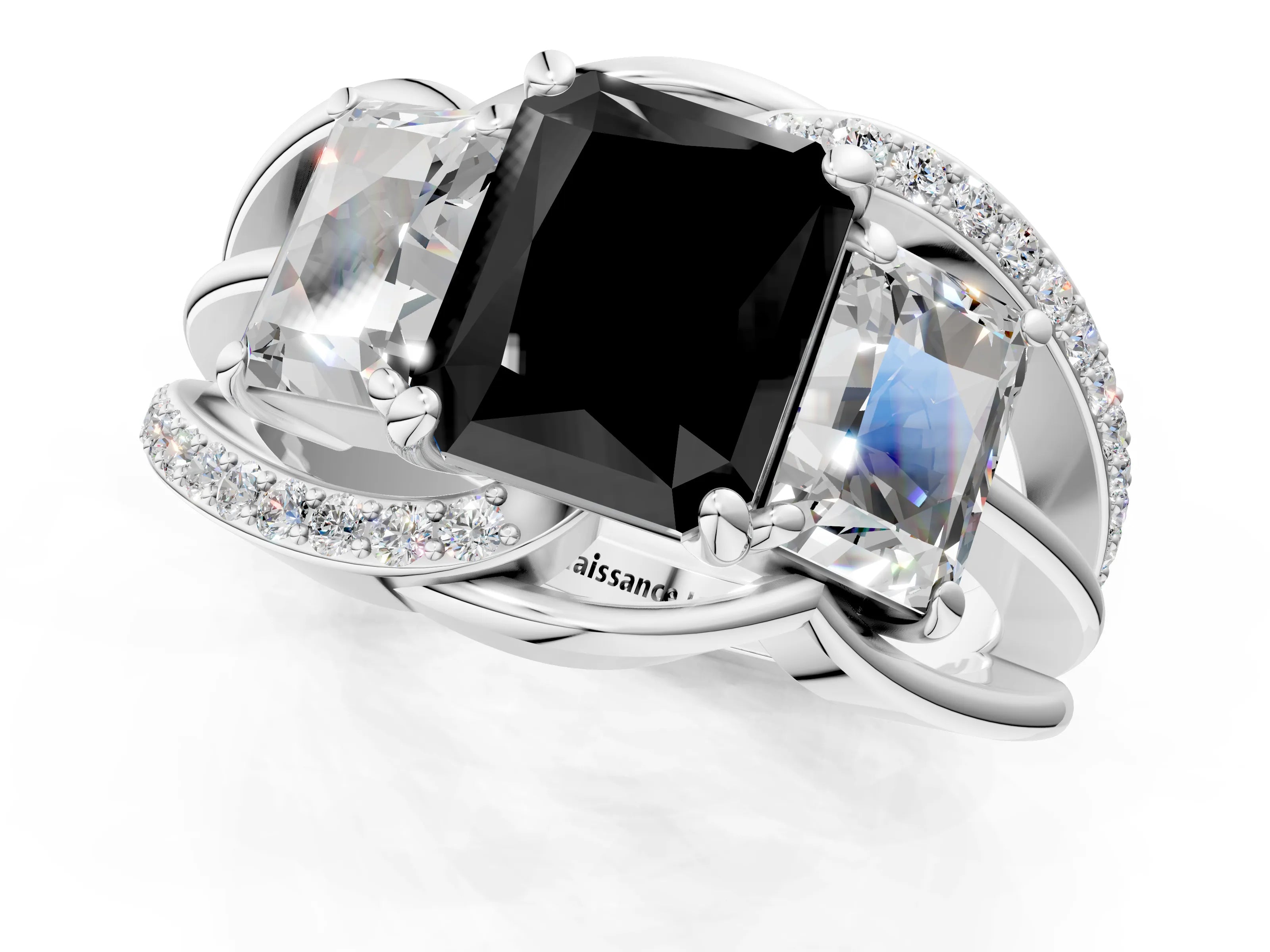 White gold Three-Stone Fancy Black Radiant Cut Cut Diamond Split Shank Prong Set Ring_13