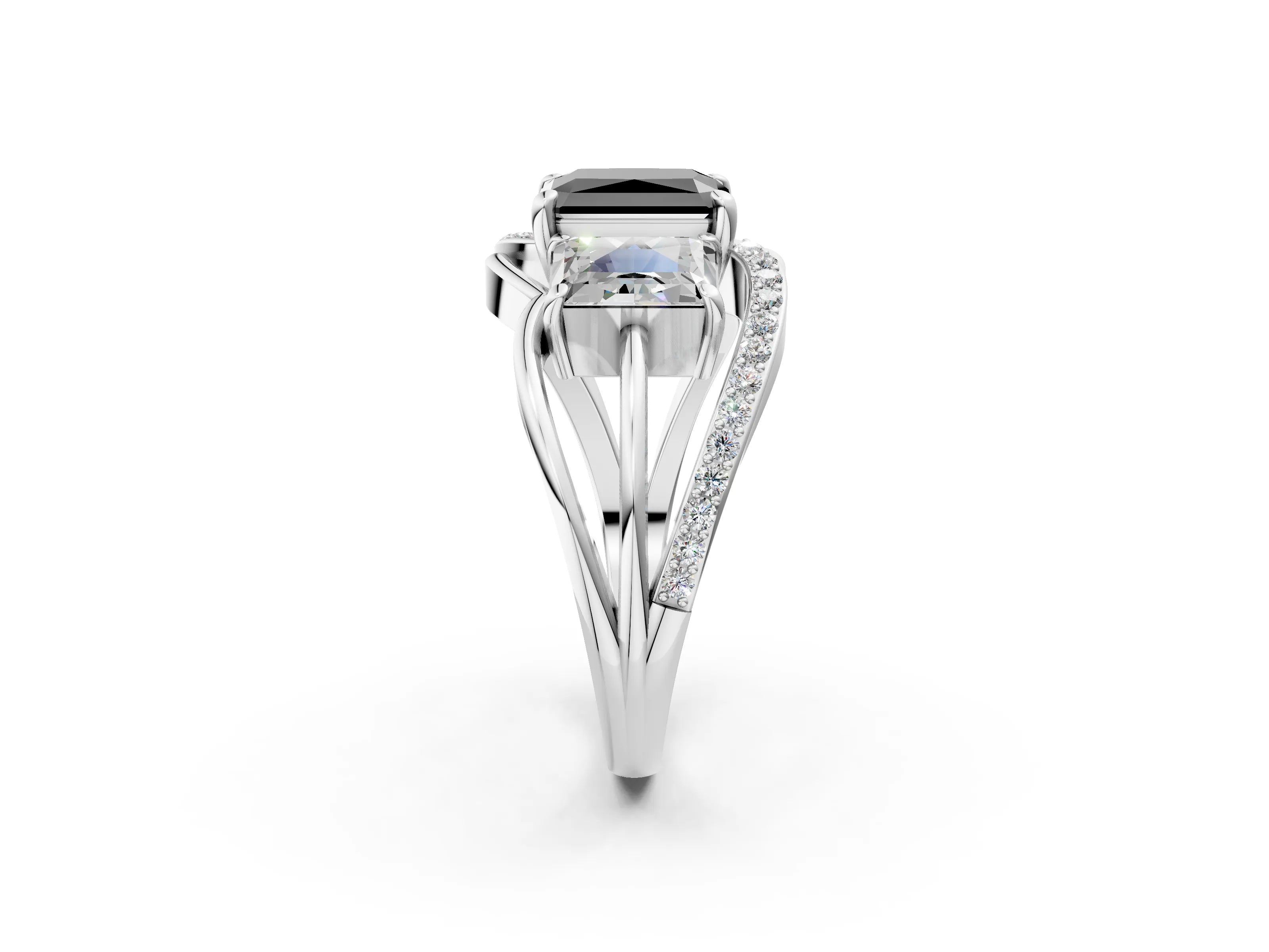 White gold Three-Stone Fancy Black Radiant Cut Cut Diamond Split Shank Prong Set Ring_14
