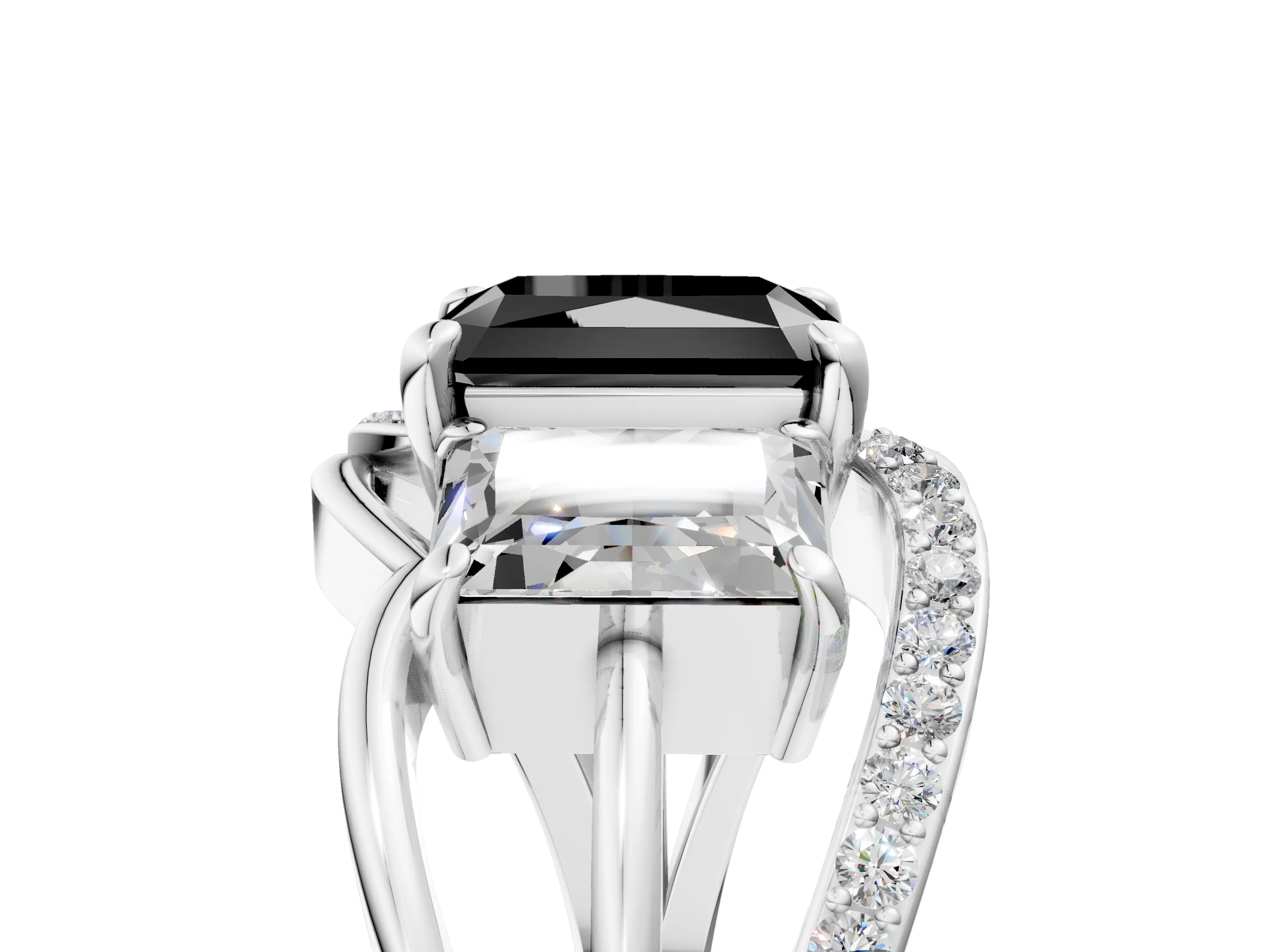 White gold Three-Stone Fancy Black Radiant Cut Cut Diamond Split Shank Prong Set Ring_5
