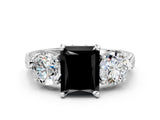 White gold Three-Stone Fancy Black Radiant Cut Cut Milgrain Band Prong Setting Ring
