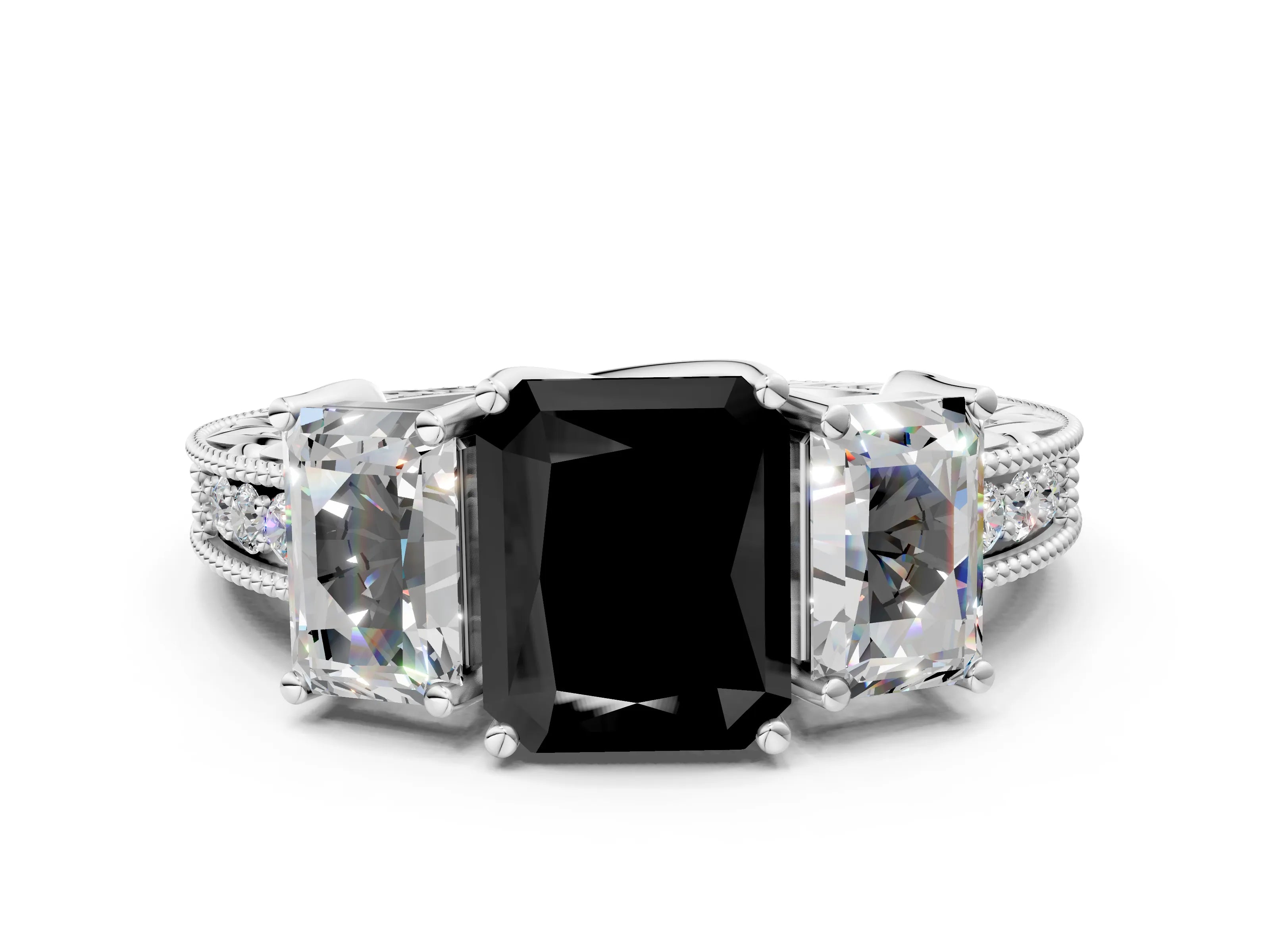 White gold Three-Stone Fancy Black Radiant Cut Cut Milgrain Pavé Engagement Ring_12