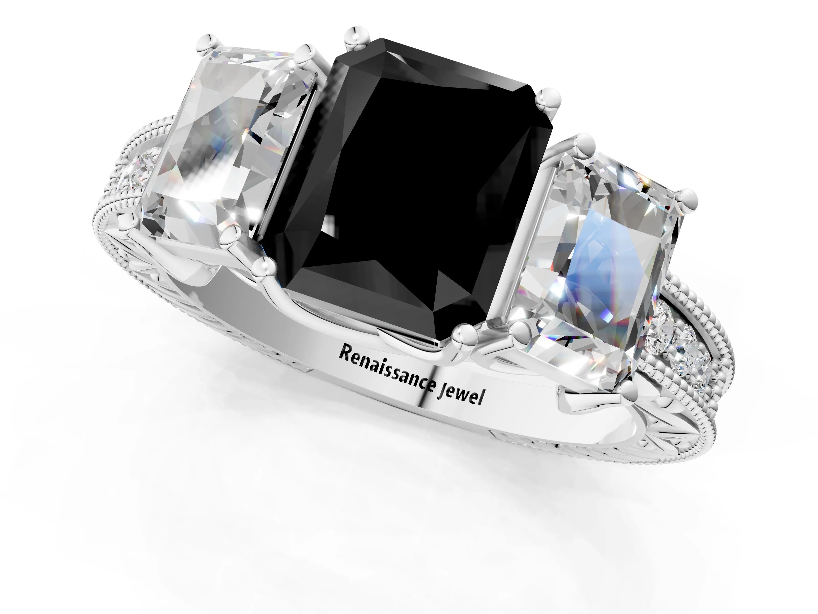 White gold Three-Stone Fancy Black Radiant Cut Cut Milgrain Pavé Engagement Ring_1