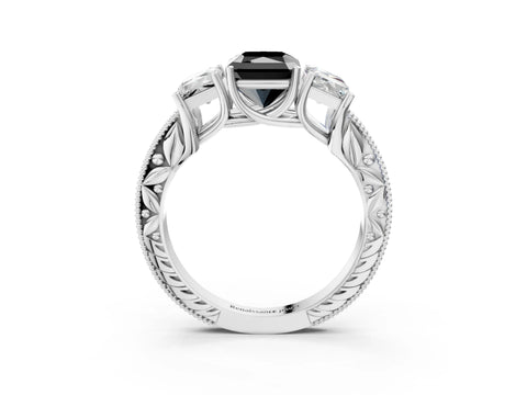 White gold Three-Stone Fancy Black Radiant Cut Cut Milgrain Pavé Engagement Ring_3