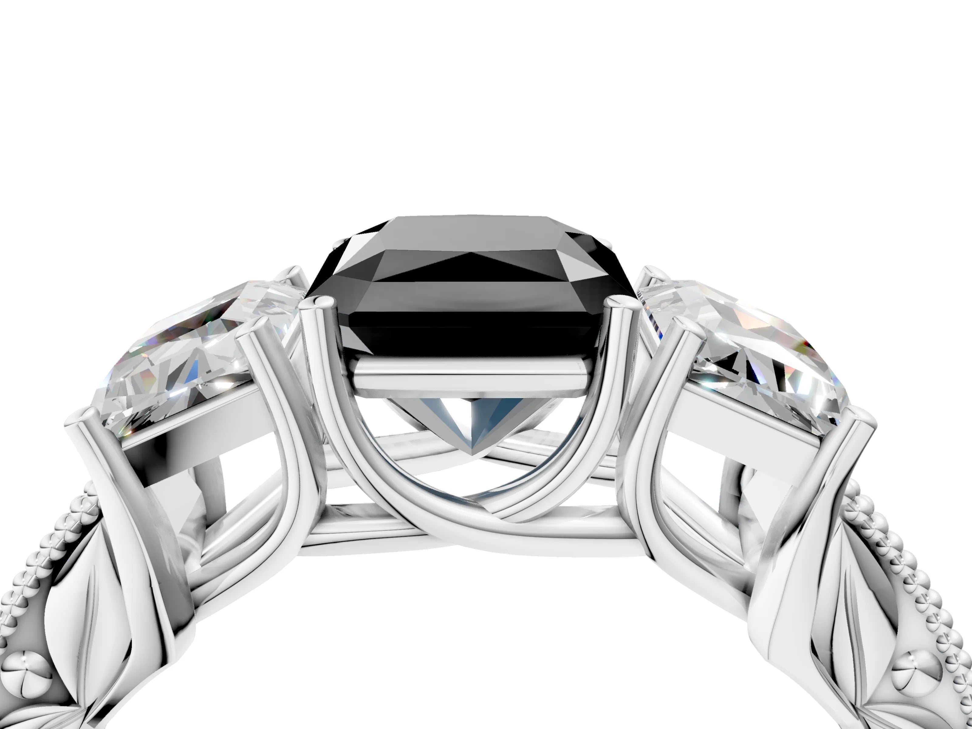 White gold Three-Stone Fancy Black Radiant Cut Cut Milgrain Pavé Engagement Ring_4