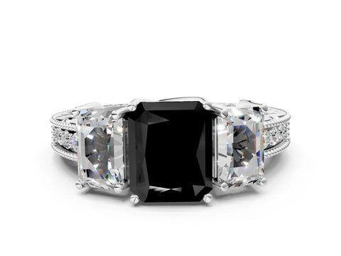 White gold Three-Stone Fancy Black Radiant Cut Cut Milgrain Pavé Engagement Ring
