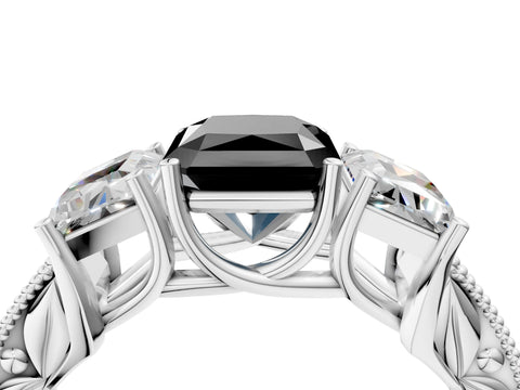 White gold Three-Stone Fancy Black Radiant Cut Cut Milgrain Pavé Engagement Ring_4