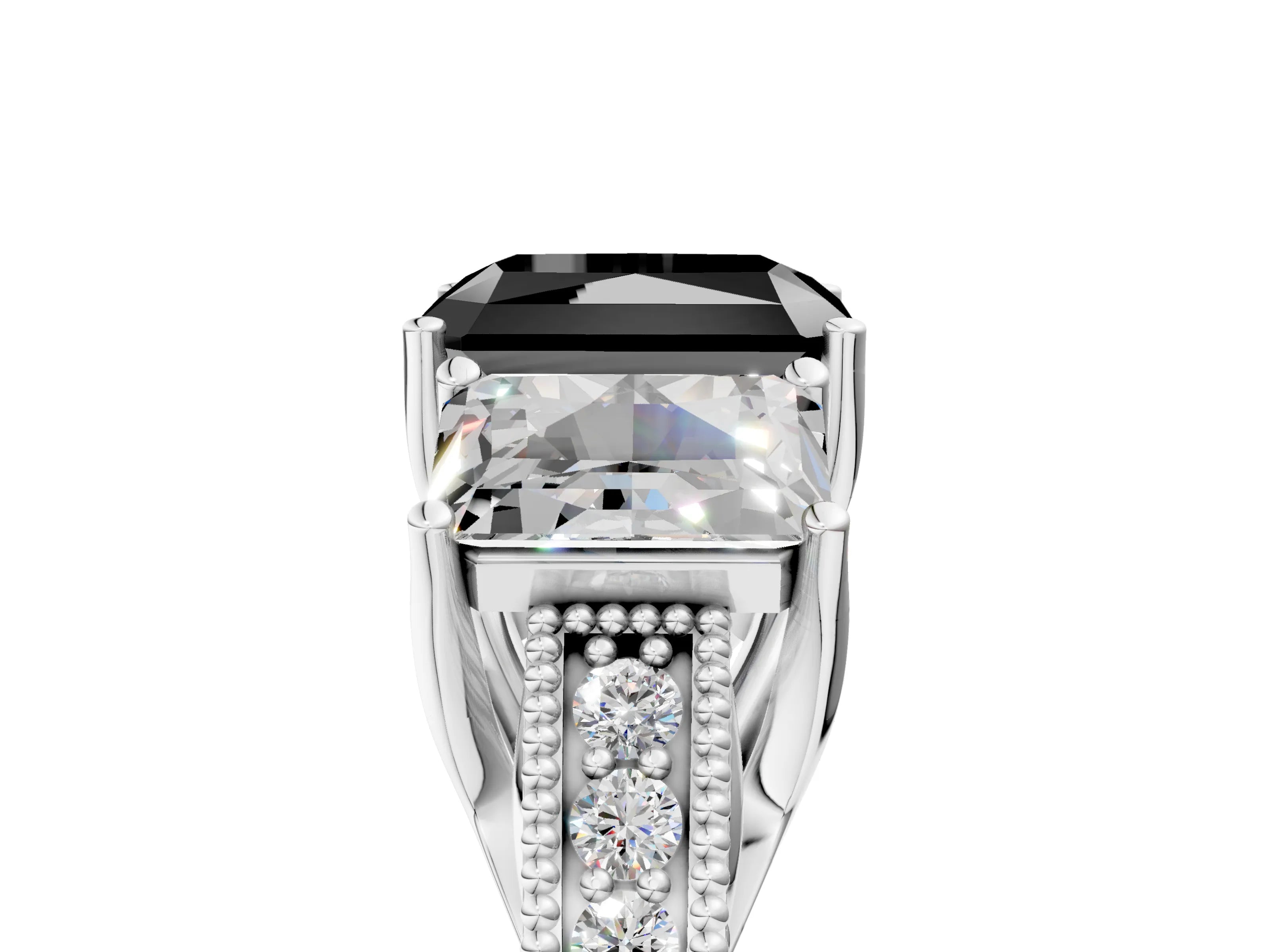 White gold Three-Stone Fancy Black Radiant Cut Cut Milgrain Pavé Engagement Ring_5