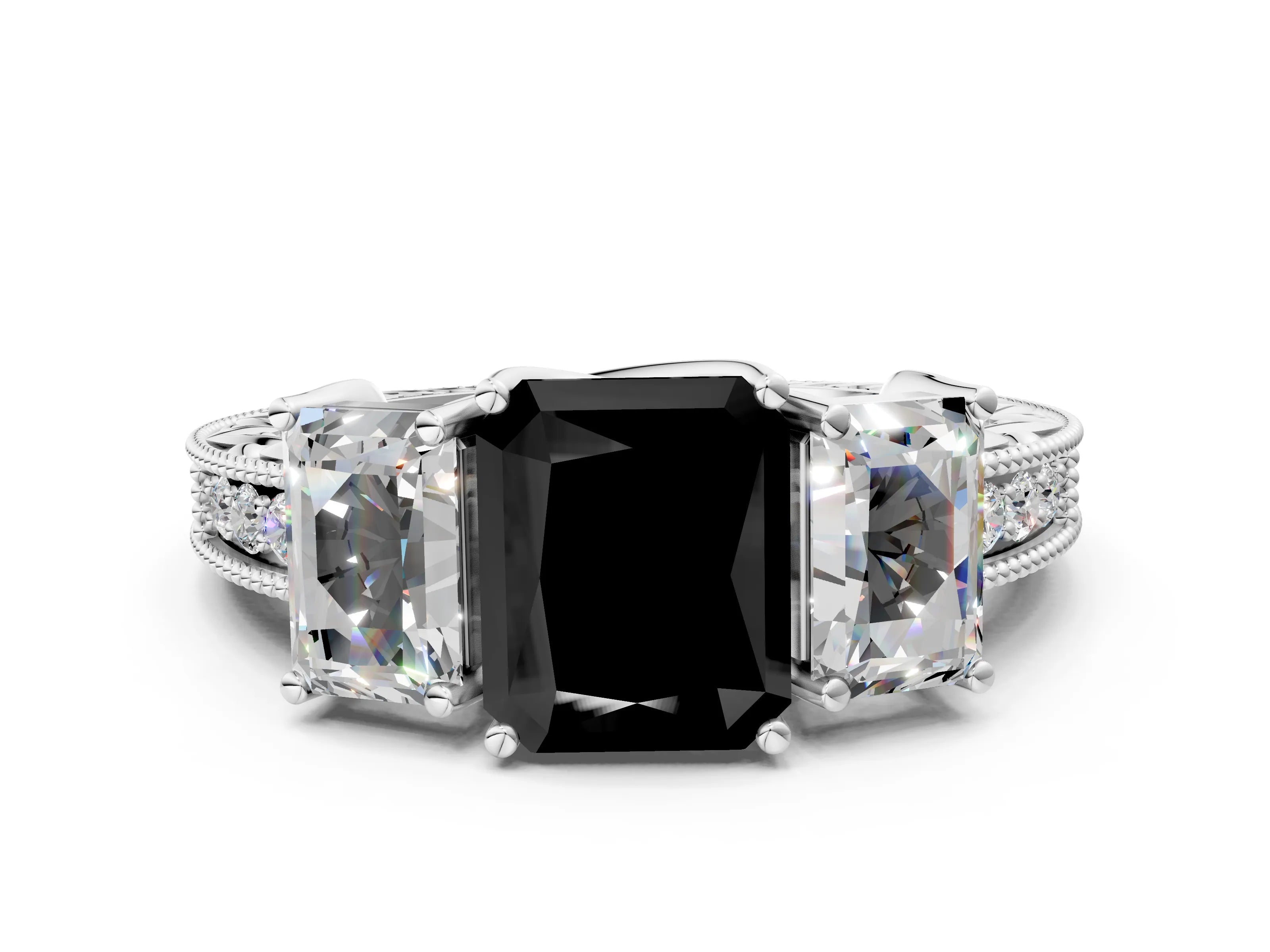White gold Three-Stone Fancy Black Radiant Cut Cut Milgrain Pavé Engagement Ring
