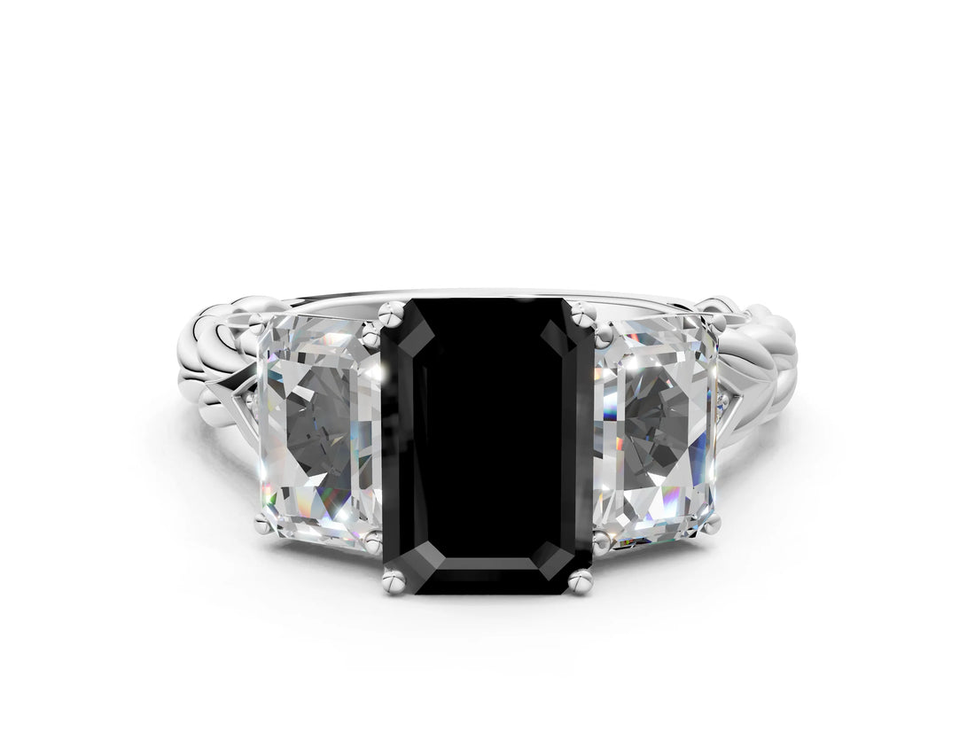 White gold Three-Stone Fancy Black Radiant Cut Diamond Braided Band Ring with Four-Prong Setting_72