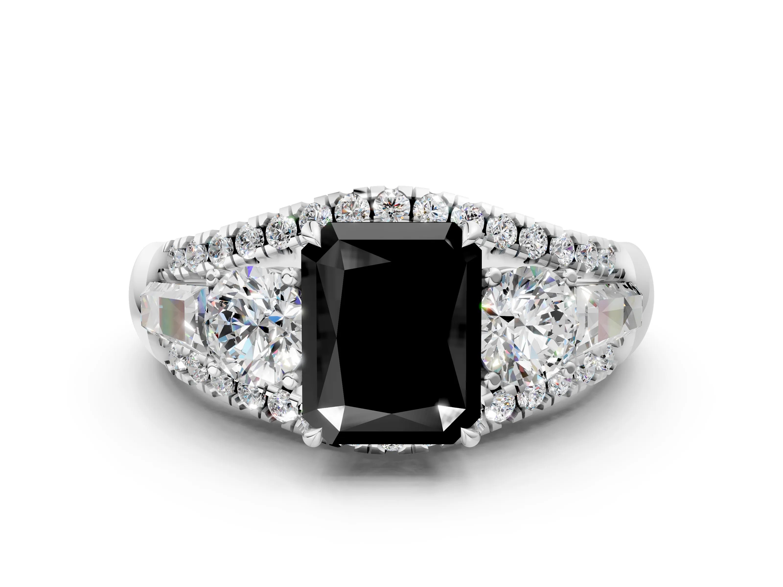 White gold Three-Stone Fancy Black Radiant Cut Diamond Engagement Ring with Pave Band and Prong Setting_12