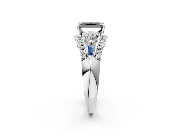 Sterling Silver Radiant Cut Five Stone Baguette Engagement Ring Setting for Black Center