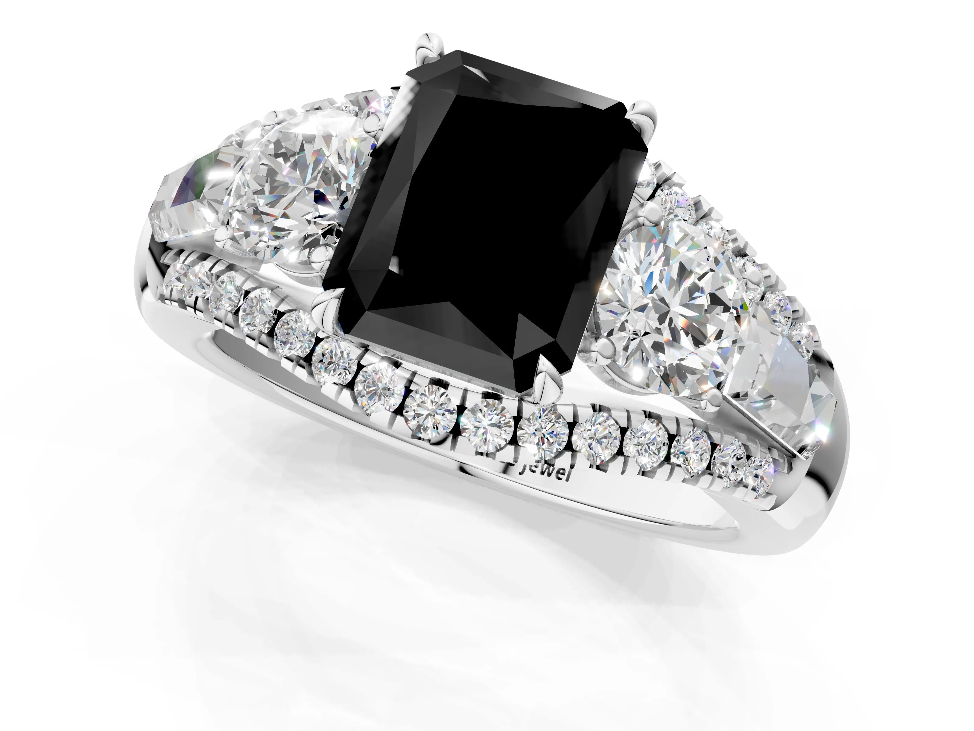 White gold Three-Stone Fancy Black Radiant Cut Diamond Engagement Ring with Pave Band and Prong Setting_1