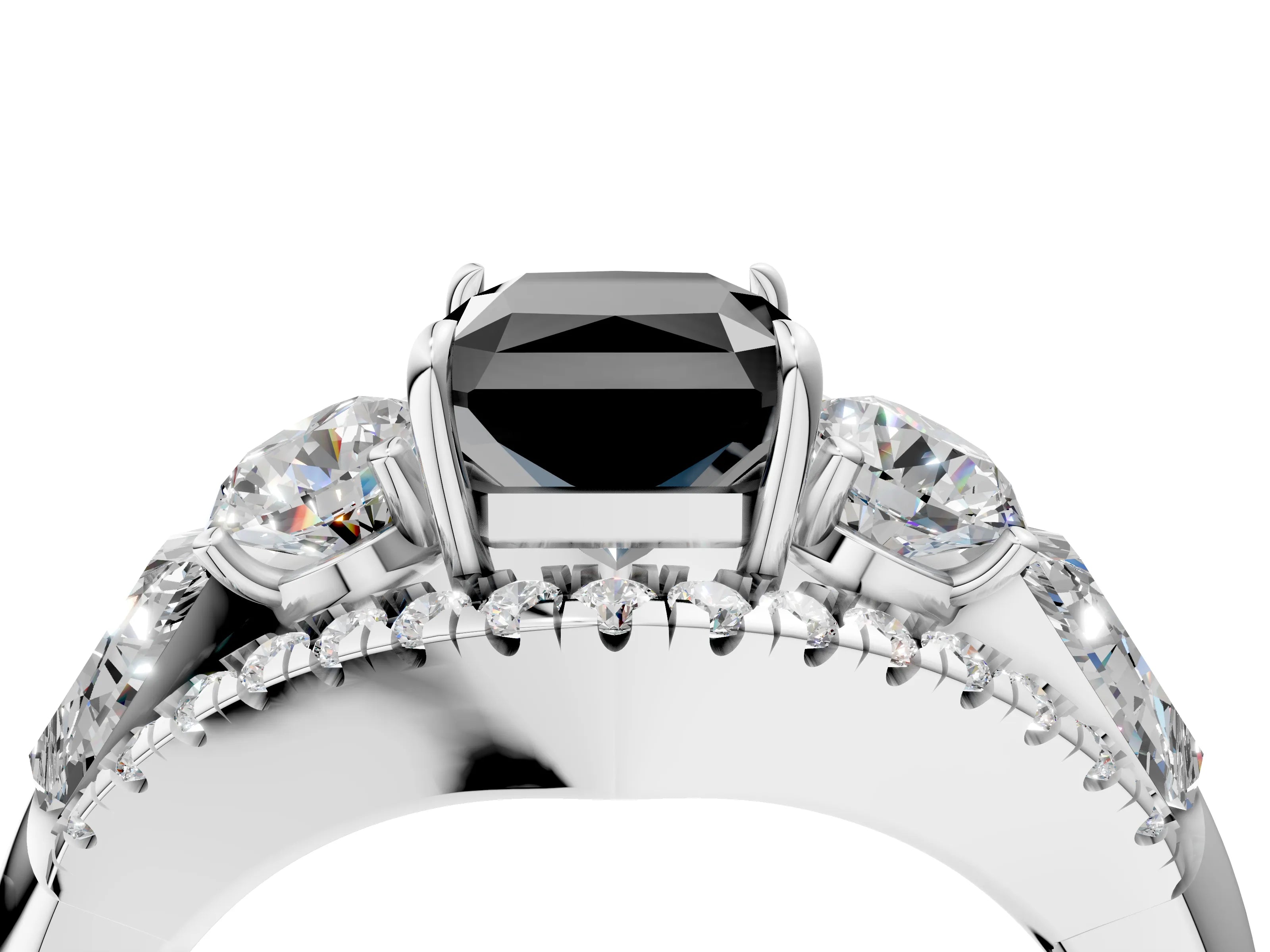 White gold Three-Stone Fancy Black Radiant Cut Diamond Engagement Ring with Pave Band and Prong Setting_4