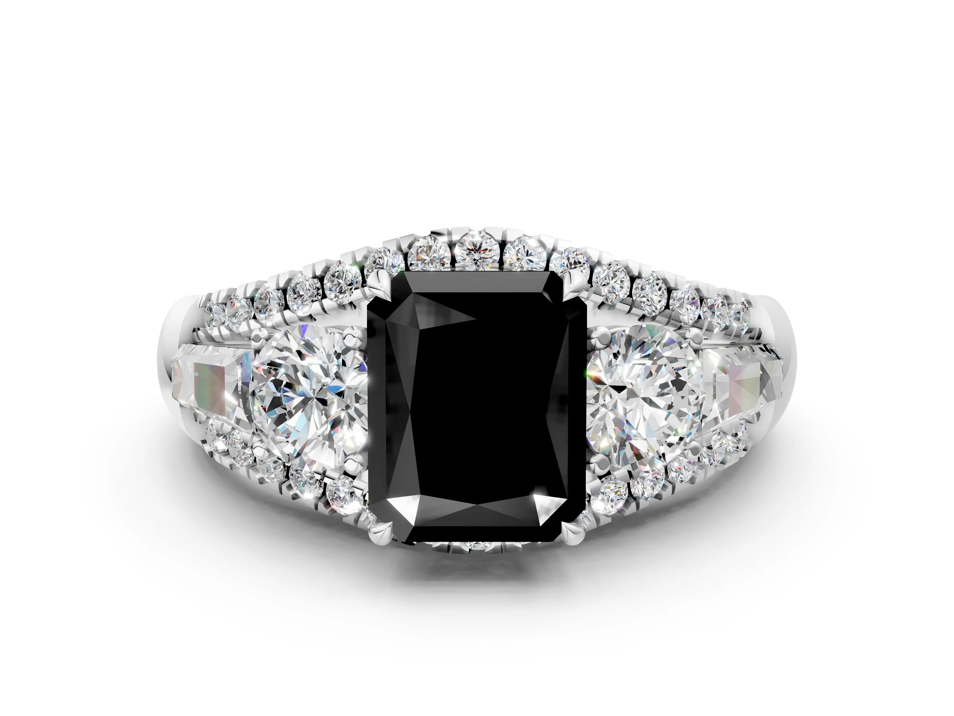 White gold Three-Stone Fancy Black Radiant Cut Diamond Engagement Ring with Pave Band and Prong Setting