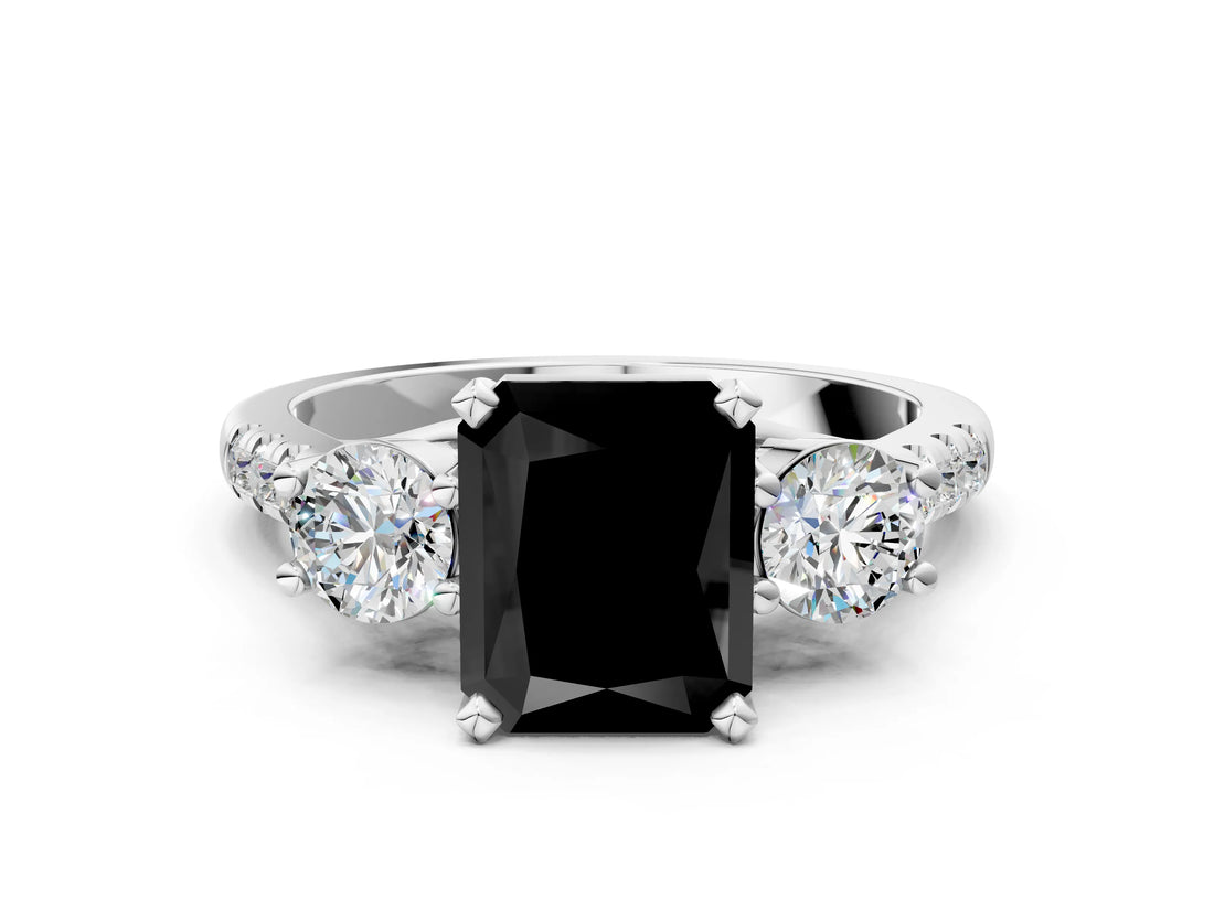 White gold Three-Stone Fancy Black Radiant Cut Diamond Pavé Band with Four-Prong Setting