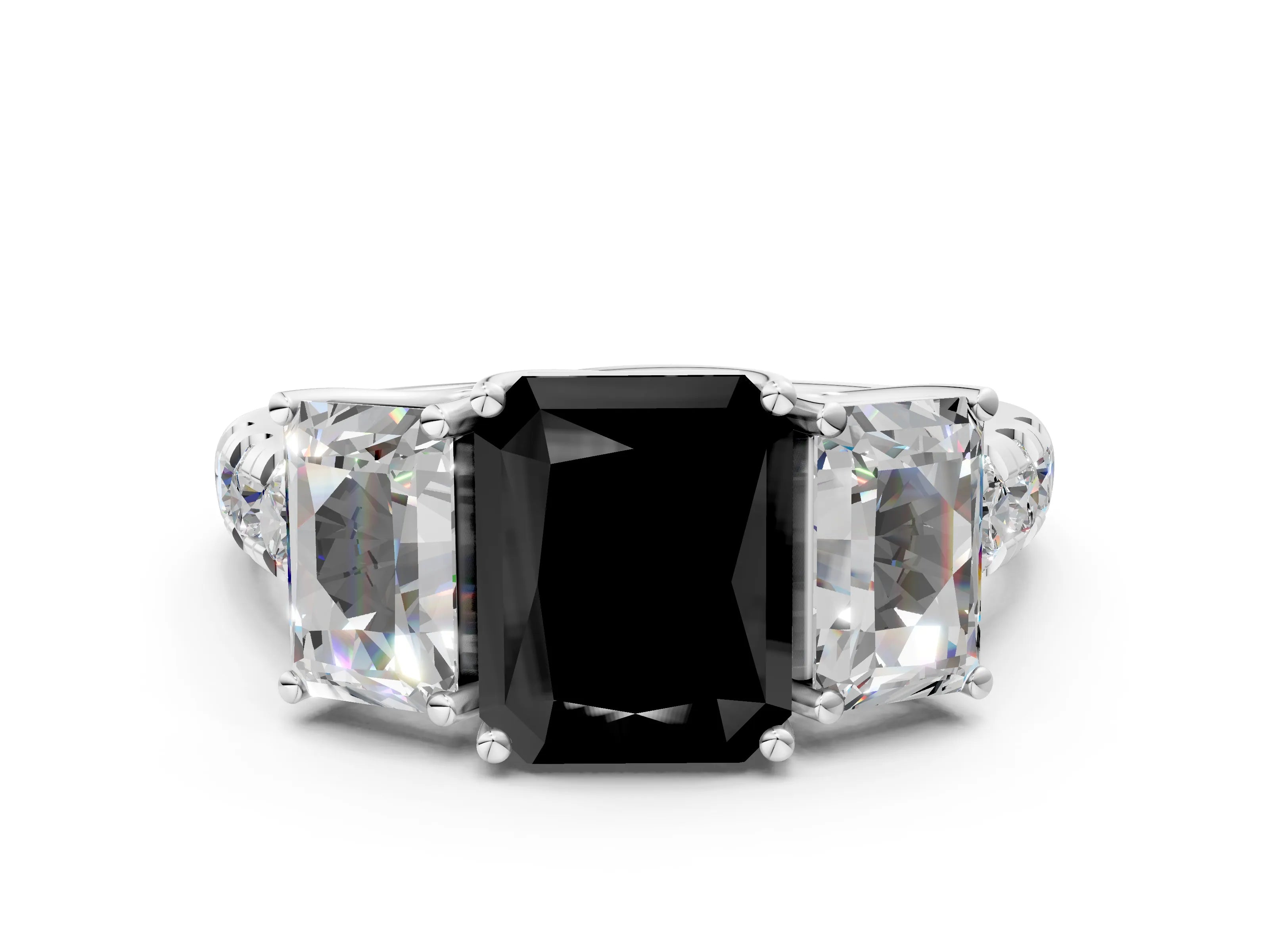 White gold Three-Stone Fancy Black Radiant Cut Diamond Pavé Band with Prong Setting