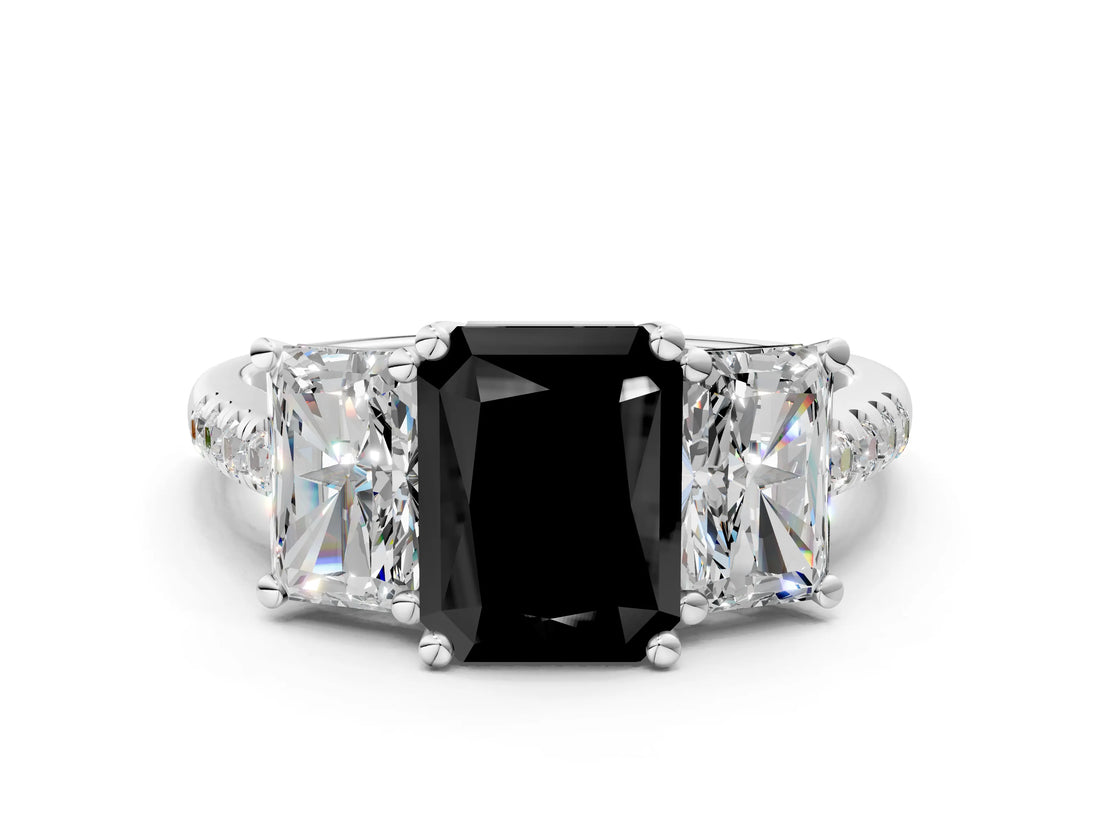 White gold Three-Stone Fancy Black Radiant Cut Diamond Ring with Round  Pavé Band and Prong Setting_105