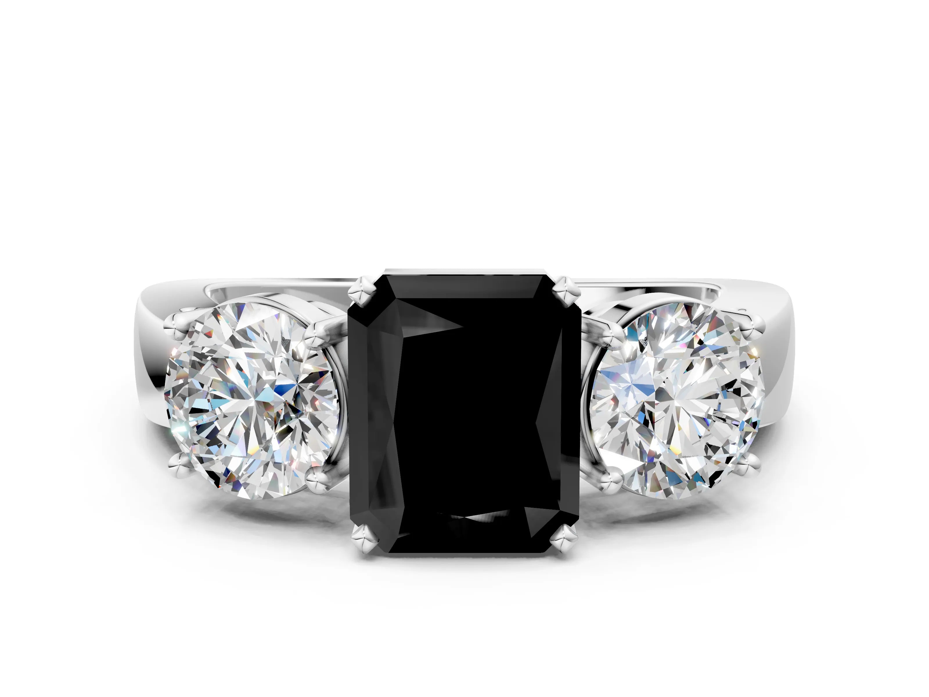 White gold Three-Stone Fancy Black Radiant Cut Diamond Ring with Round Side Stones, Classic Band, and Four-Prong Setting_12