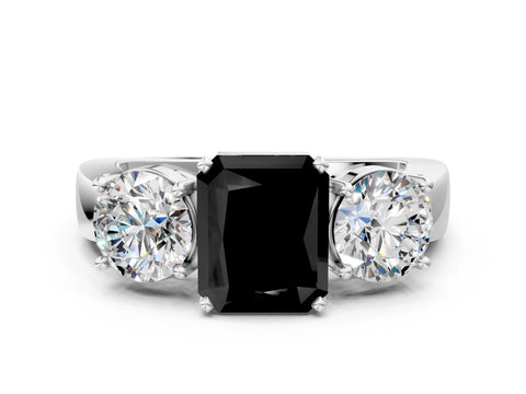 White gold Three-Stone Fancy Black Radiant Cut Diamond Ring with Round Side Stones, Classic Band, and Four-Prong Setting_12