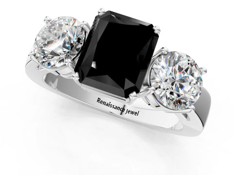 White gold Three-Stone Fancy Black Radiant Cut Diamond Ring with Round Side Stones, Classic Band, and Four-Prong Setting_13