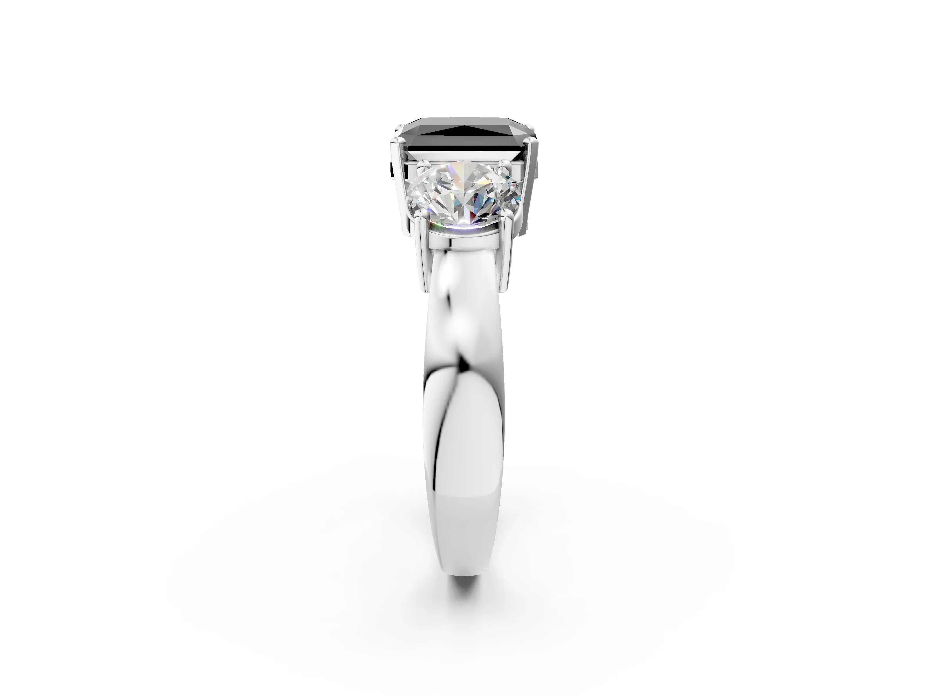 White gold Three-Stone Fancy Black Radiant Cut Diamond Ring with Round Side Stones, Classic Band, and Four-Prong Setting_14