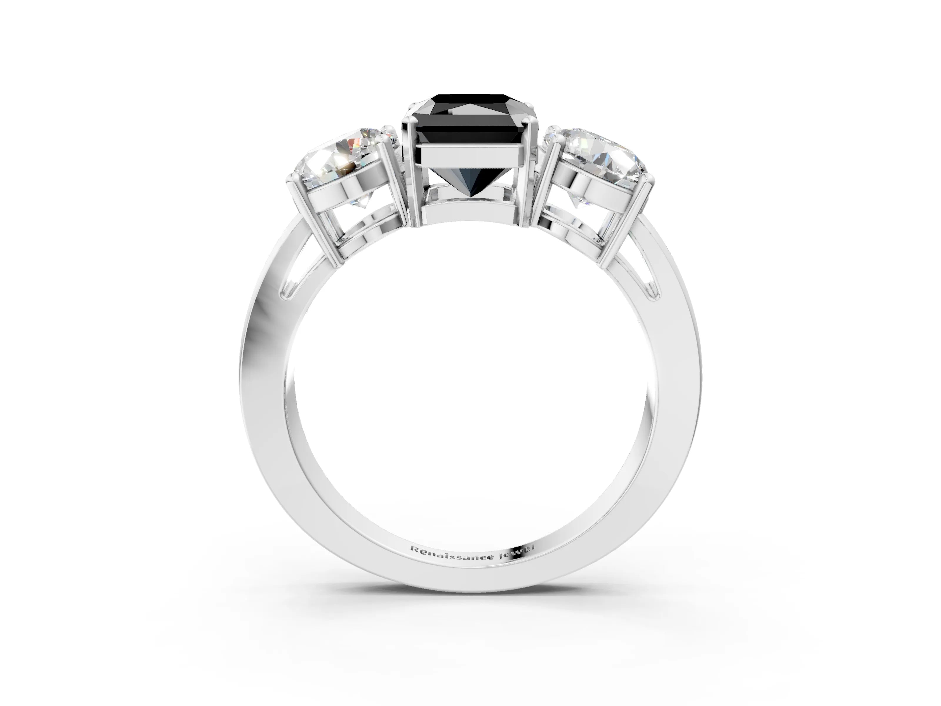 White gold Three-Stone Fancy Black Radiant Cut Diamond Ring with Round Side Stones, Classic Band, and Four-Prong Setting_15