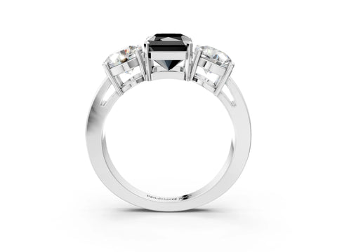 White gold Three-Stone Fancy Black Radiant Cut Diamond Ring with Round Side Stones, Classic Band, and Four-Prong Setting_15