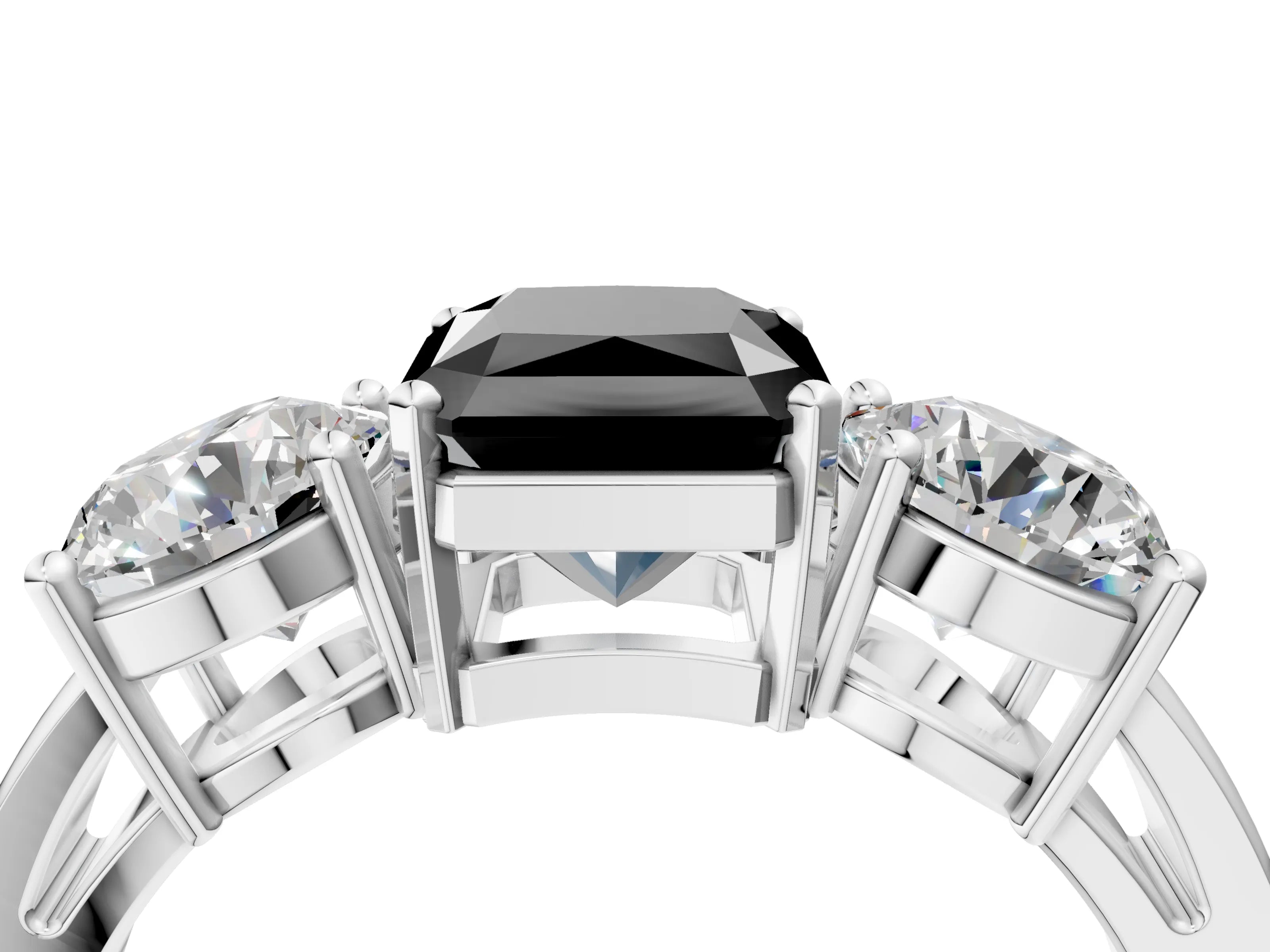 White gold Three-Stone Fancy Black Radiant Cut Diamond Ring with Round Side Stones, Classic Band, and Four-Prong Setting_16