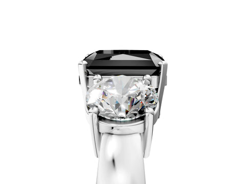 White gold Three-Stone Fancy Black Radiant Cut Diamond Ring with Round Side Stones, Classic Band, and Four-Prong Setting_17