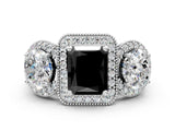 White gold Three-Stone Fancy Black Radiant Cut Halo Diamond Milgrain Band with Four-Prong Setting