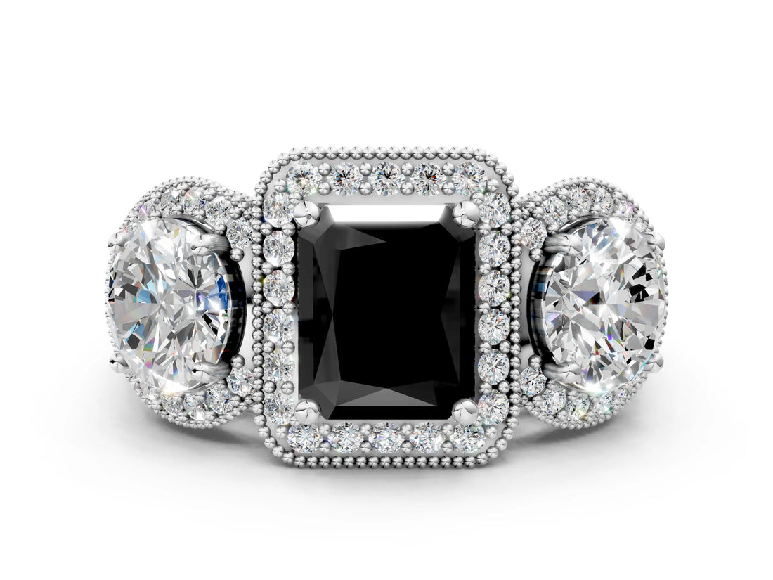 White gold Three-Stone Fancy Black Radiant Cut Halo Diamond Milgrain Band with Four-Prong Setting