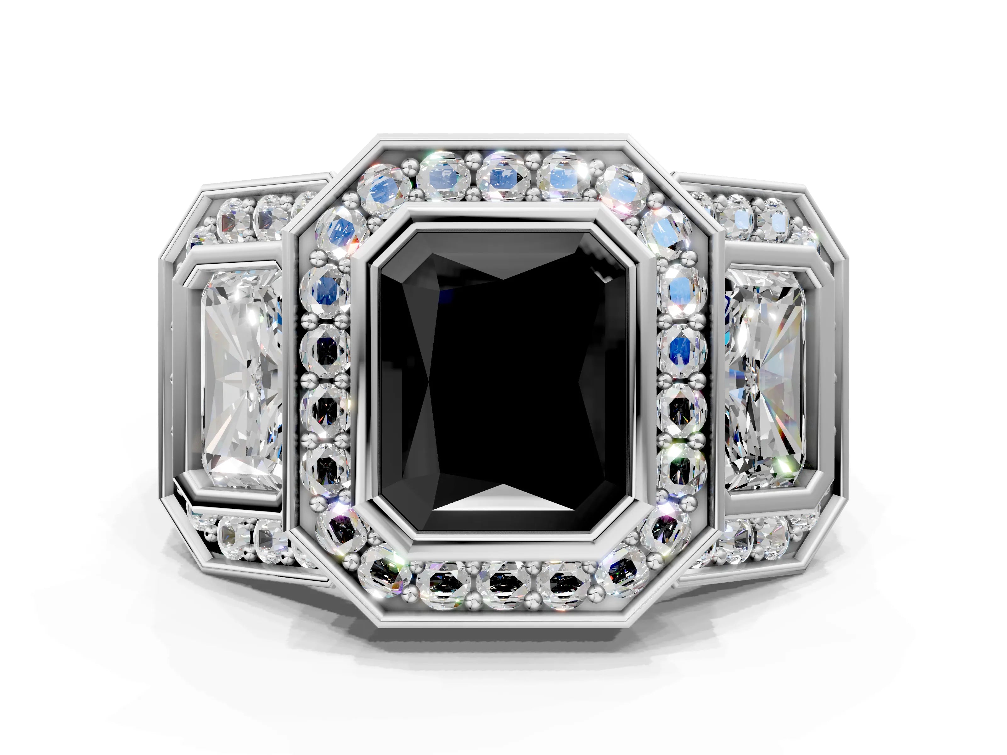 White gold Three-Stone Fancy Black Radiant Cut Halo Pavé Diamond Ring
