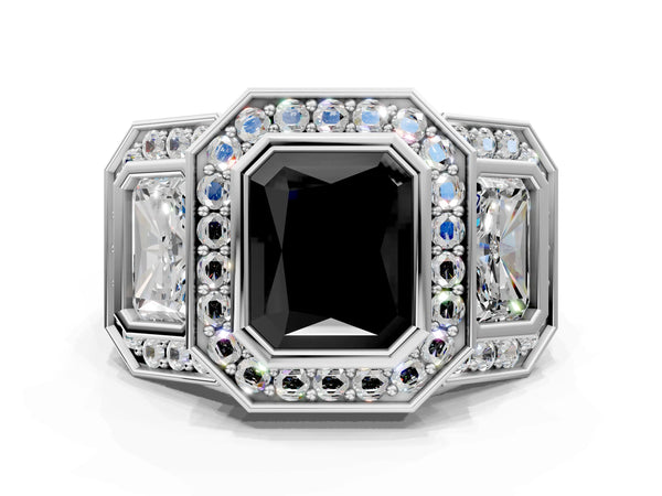 Platinum Radiant Cut Bezel Three Stone Halo Engagement Ring Setting for Black Center