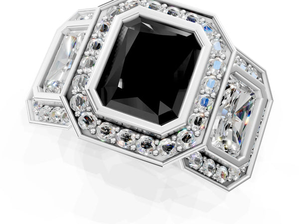 Platinum Radiant Cut Bezel Three Stone Halo Engagement Ring Setting for Black Center