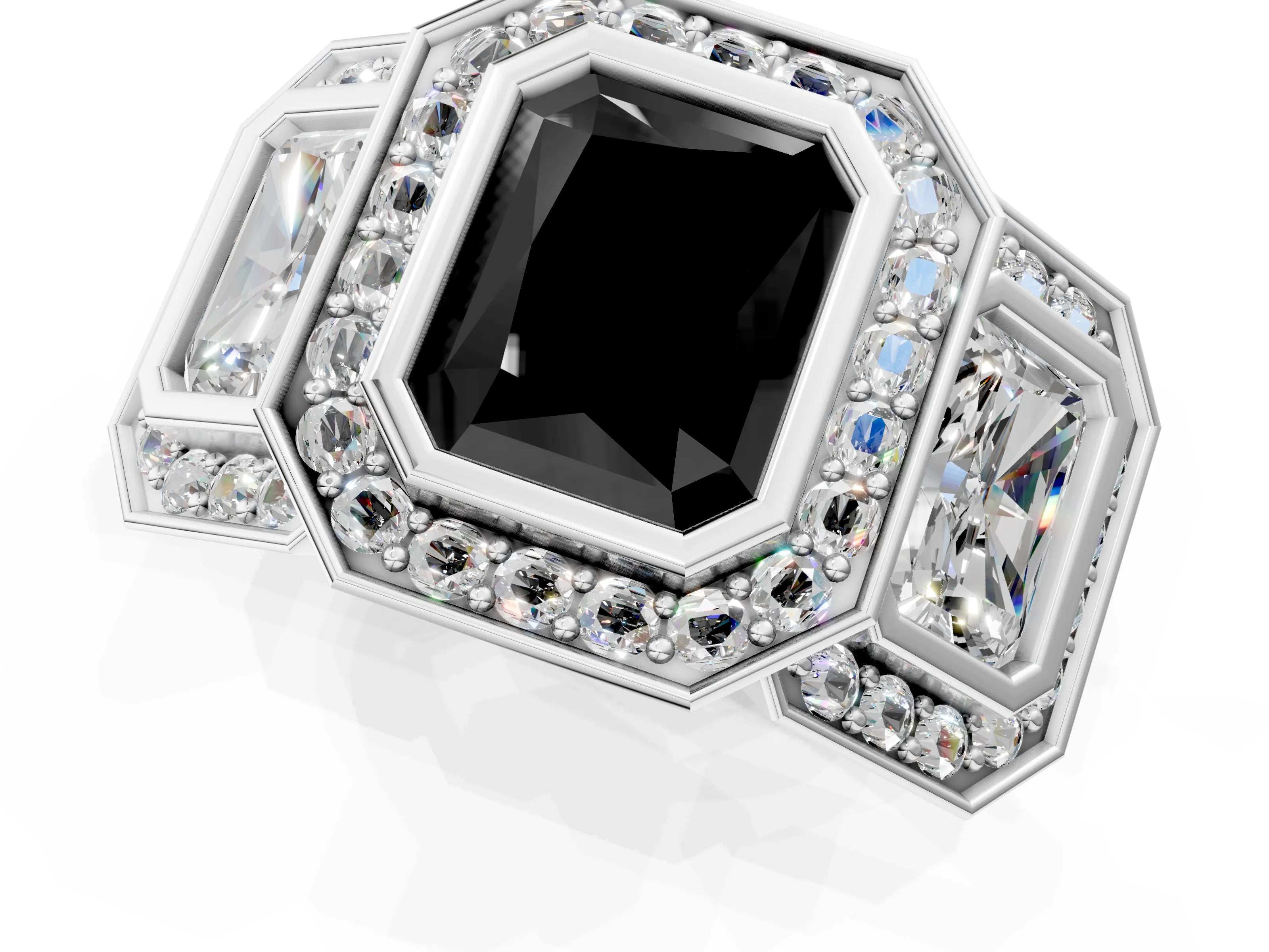 White gold Three-Stone Fancy Black Radiant Cut Halo Pavé Diamond Ring_1