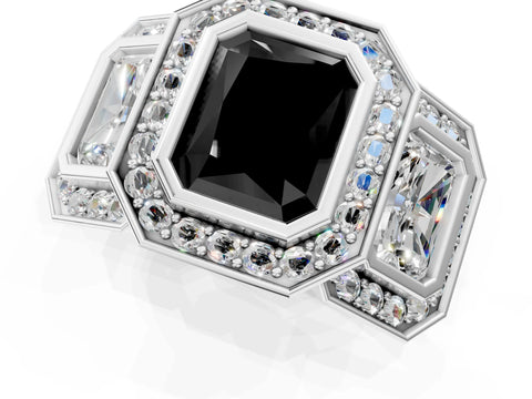 White gold Three-Stone Fancy Black Radiant Cut Halo Pavé Diamond Ring_1