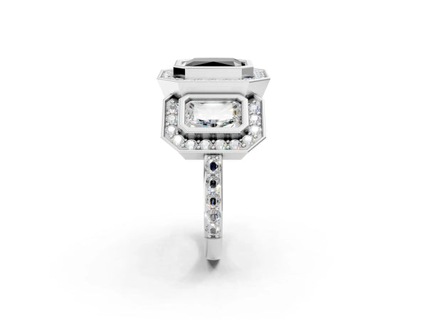 Platinum Radiant Cut Bezel Three Stone Halo Engagement Ring Setting for Black Center