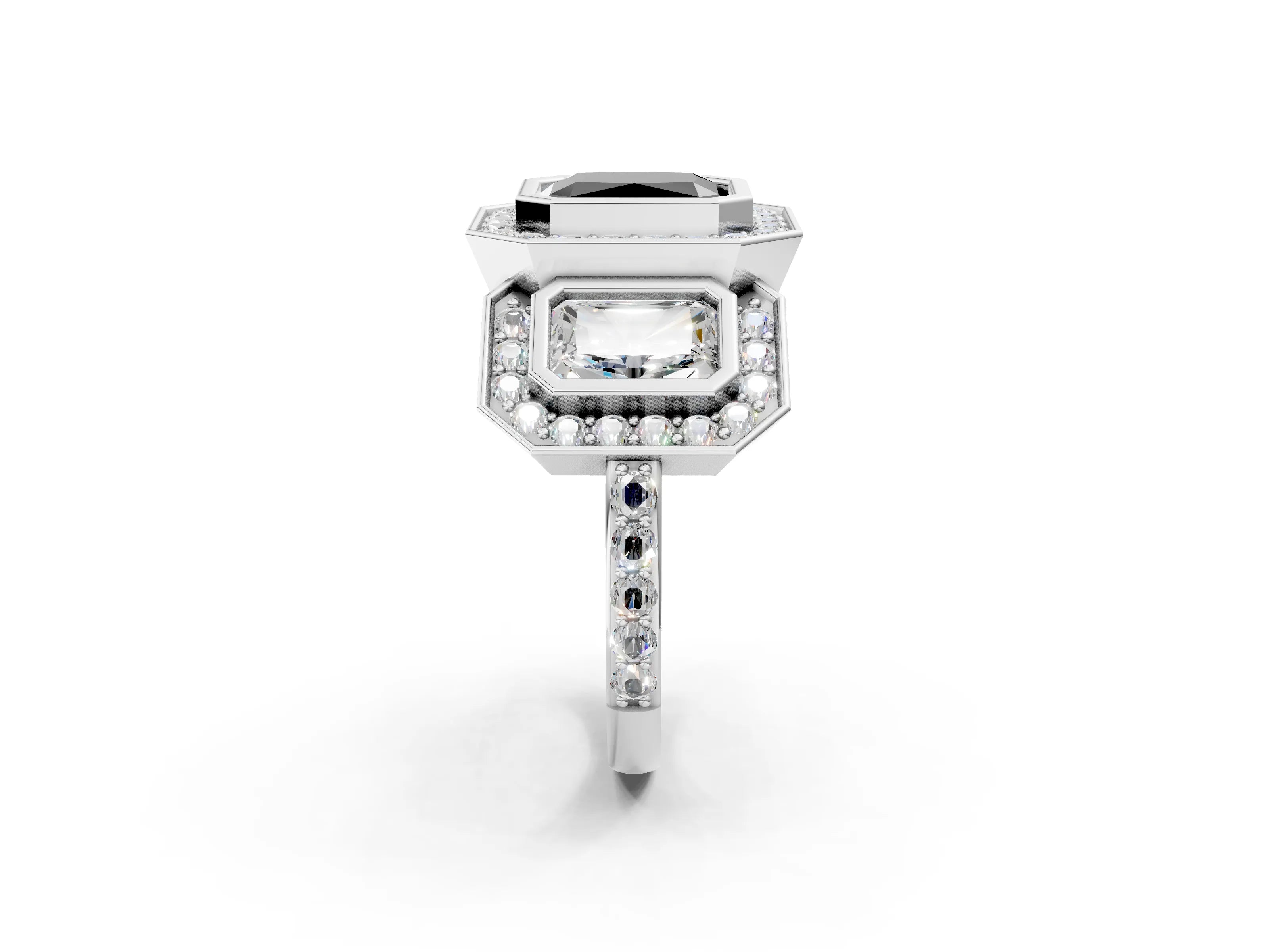 White gold Three-Stone Fancy Black Radiant Cut Halo Pavé Diamond Ring_2