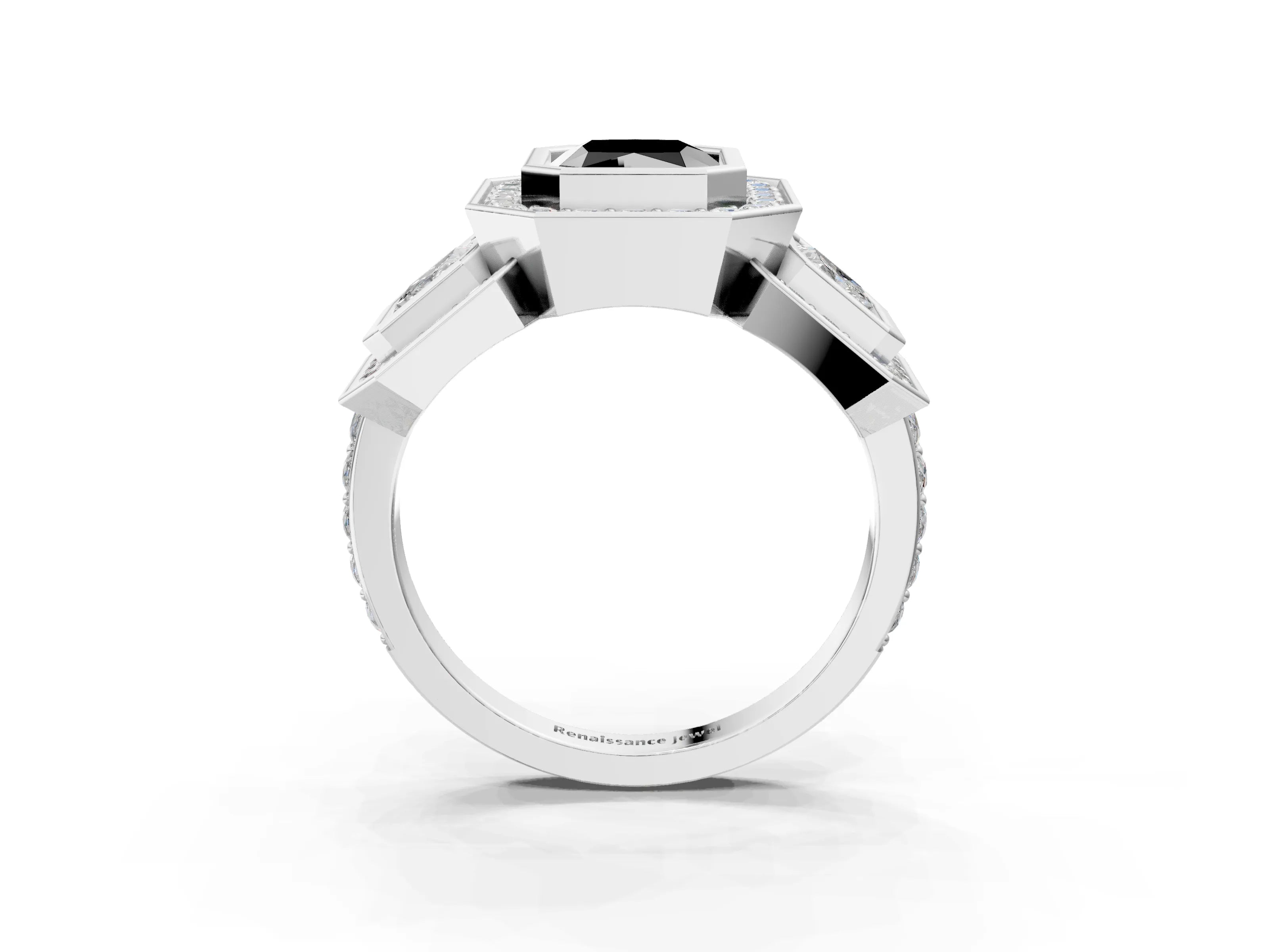 White gold Three-Stone Fancy Black Radiant Cut Halo Pavé Diamond Ring_3