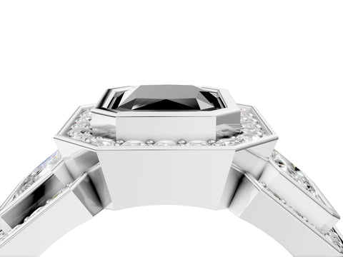 White gold Three-Stone Fancy Black Radiant Cut Halo Pavé Diamond Ring_4