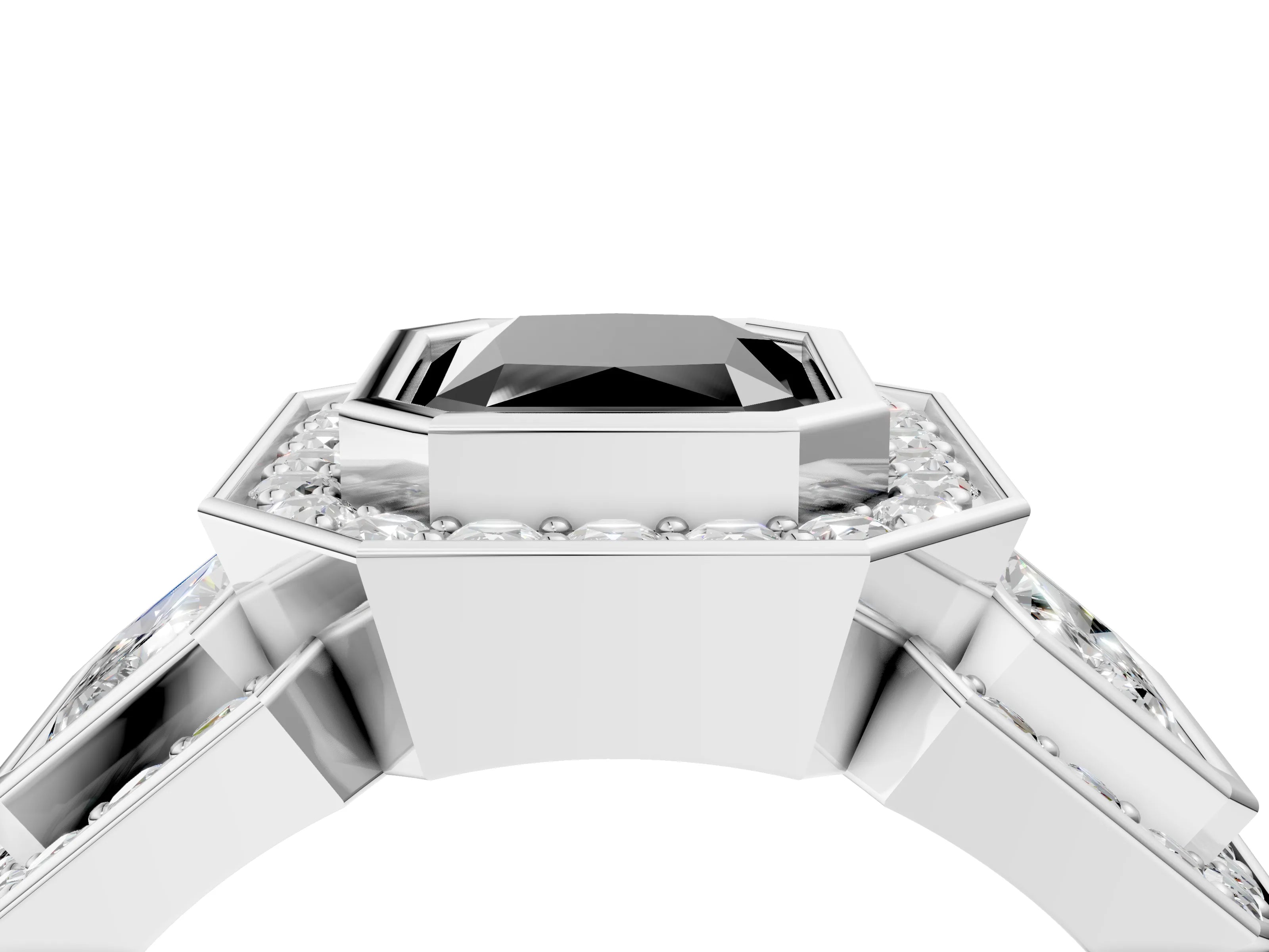 White gold Three-Stone Fancy Black Radiant Cut Halo Pavé Diamond Ring_4